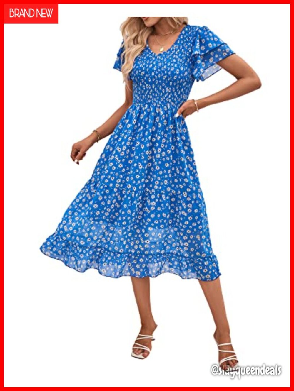 Women's Floral Chiffon V-Neck Midi A-Line Dress with Short Sleeves